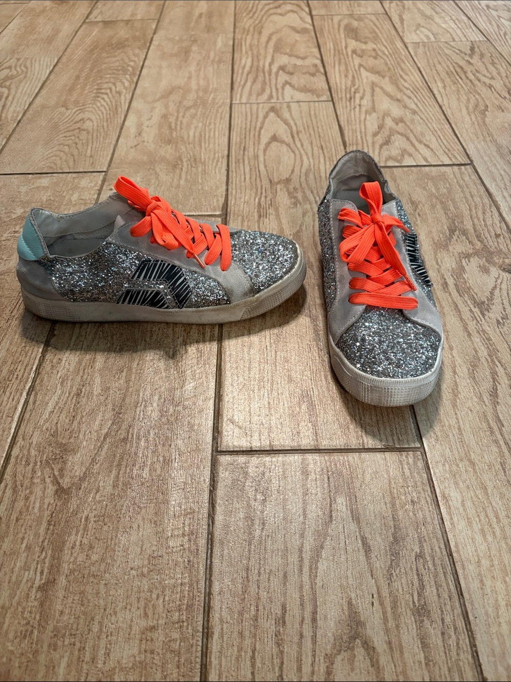Kids Silver Glitter Sneakers with Neon Orange Laces